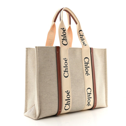 Chloe Cotton Calfskin Large Woody Ribbon Tote White Brown 3 of 13