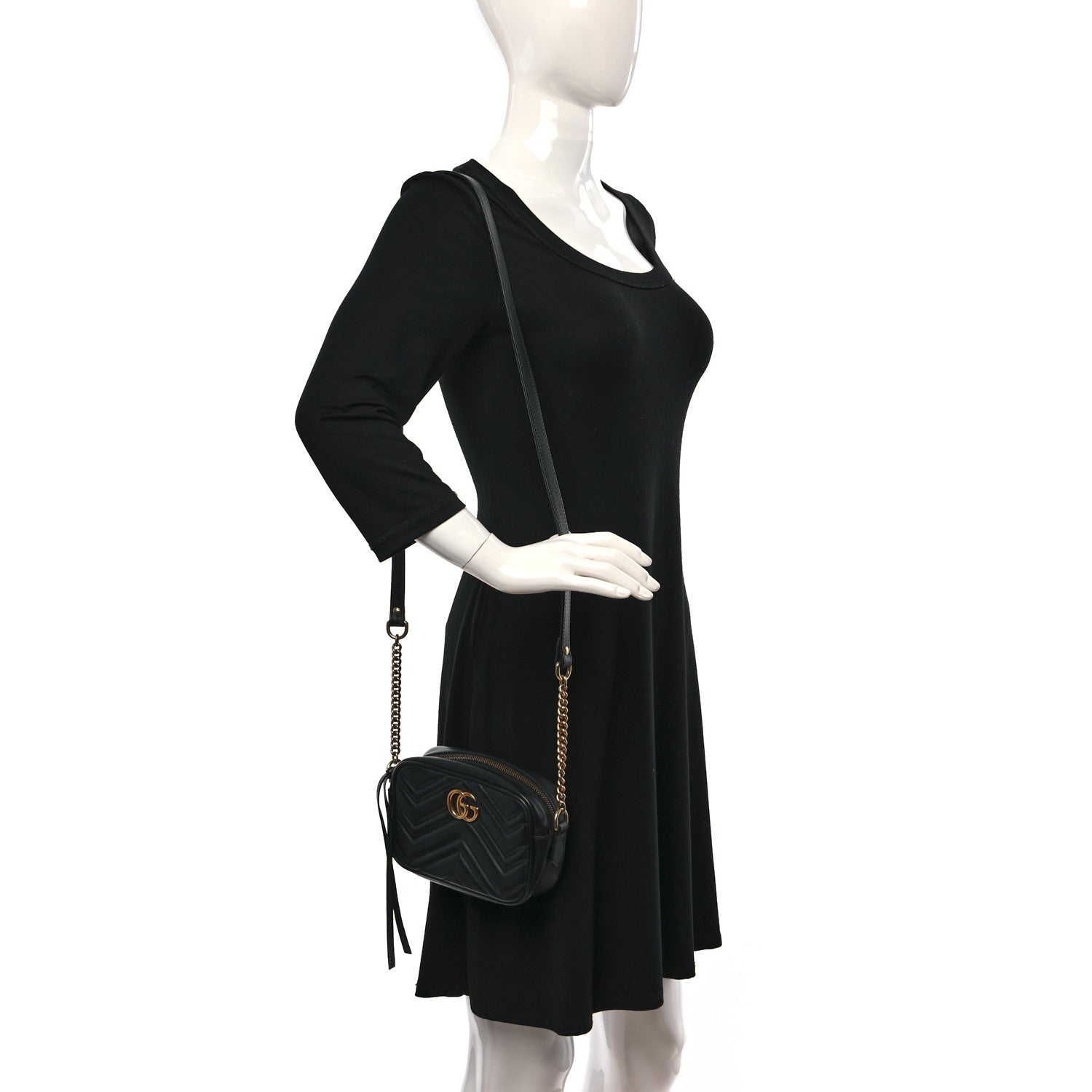 Gucci Calfskin Matelasse Mini GG Marmont Chain Shoulder Bag Black 3 of 13