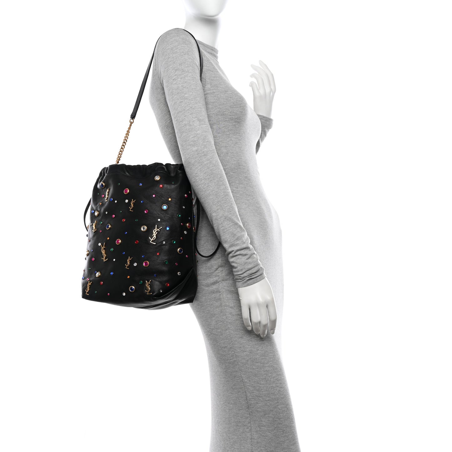 Lambskin Charm Studded Teddy Drawstring Bag Black