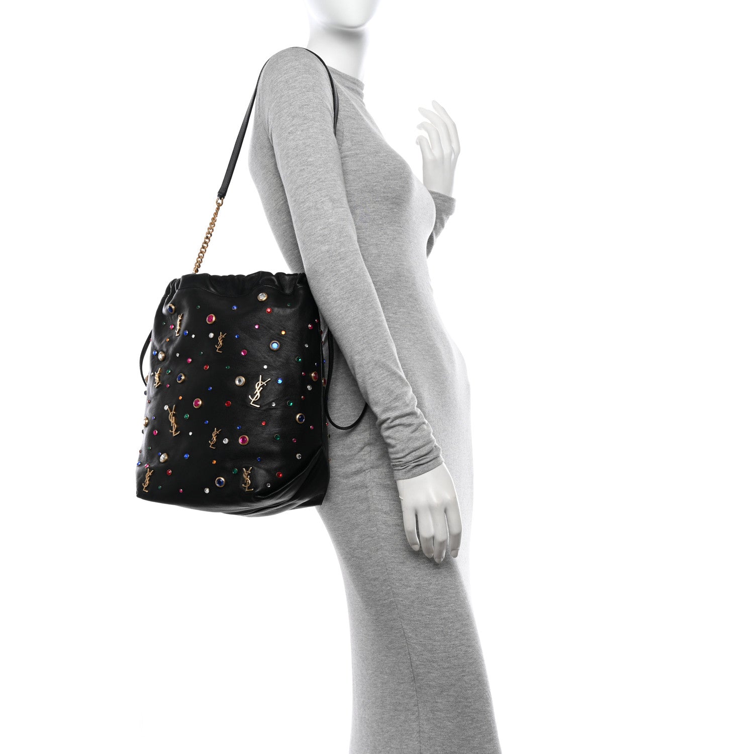 Saint Laurent Lambskin Charm Studded Teddy Drawstring Bag Black 2 of 11