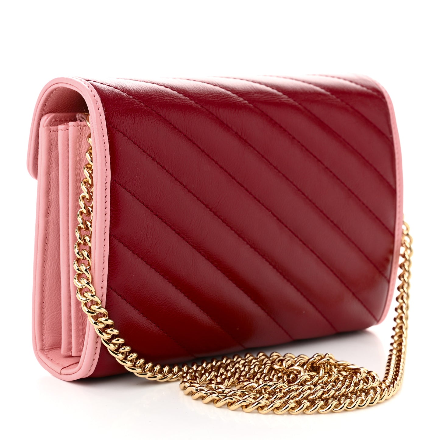 Azalea Calfskin Enamel Matelasse Diagonal Torchon GG Marmont Chain Wallet New Cherry Red Wild Rose