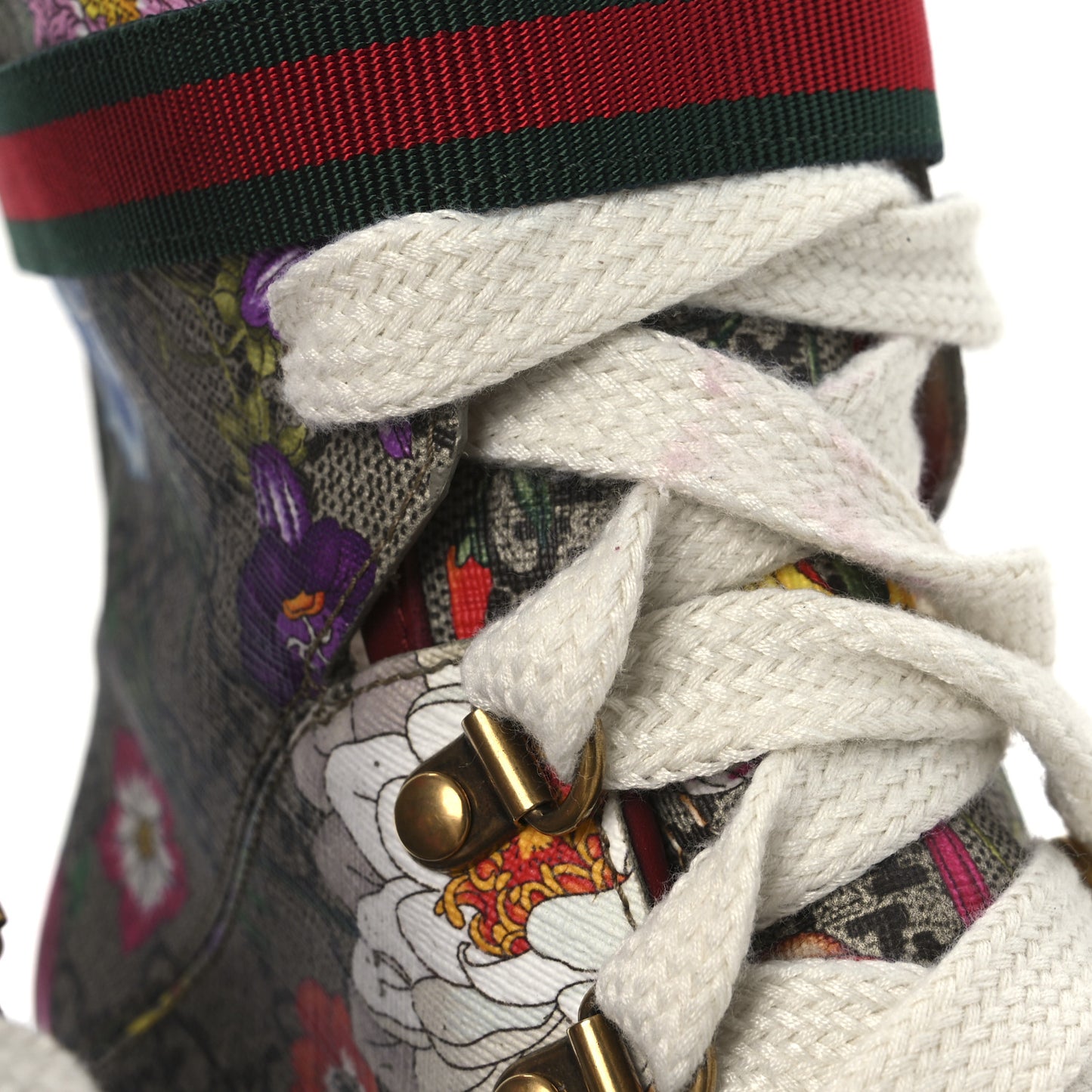 GG Supreme Monogram Flora Lace Up Combat Ankle Boots 40 Beige Multicolor Red
