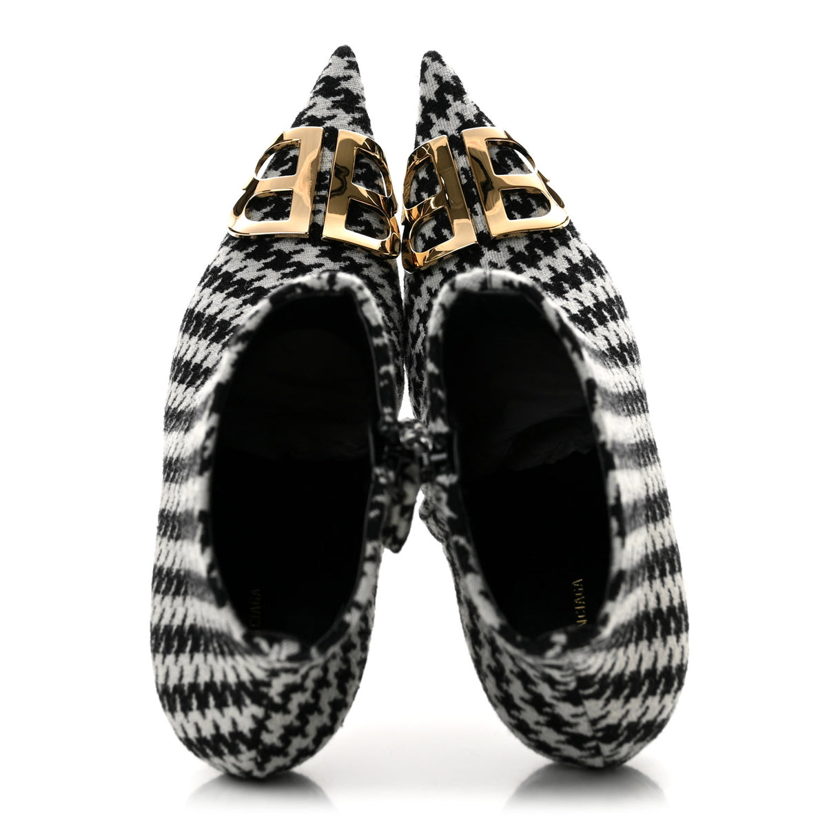 Wool Houndstooth BB Pointy Toe Ankle Booties 38 Black Ivory