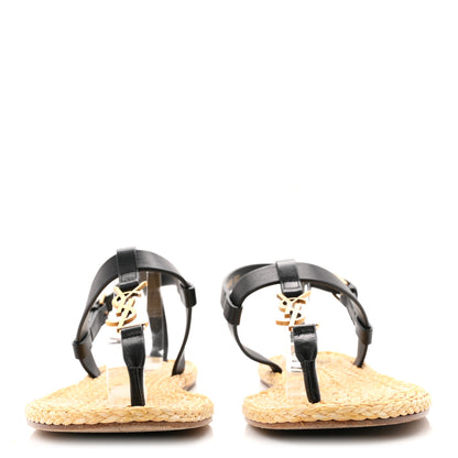 Saint Laurent Calfskin Raffia Cassandra Monogram Sandals 37.5 Black 3 of 10