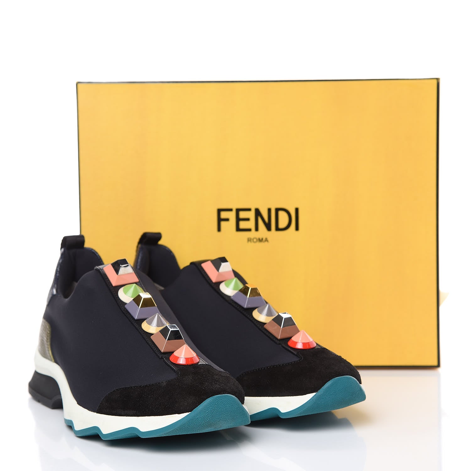 Fendi Neoprene Calfskin Rainbow Studded Sneakers 39 Black Navy Olive 9 of 9