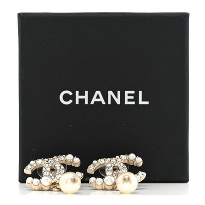 Chanel Crystal Pearl CC Drop Earrings Gold Pearly White 6 of 6