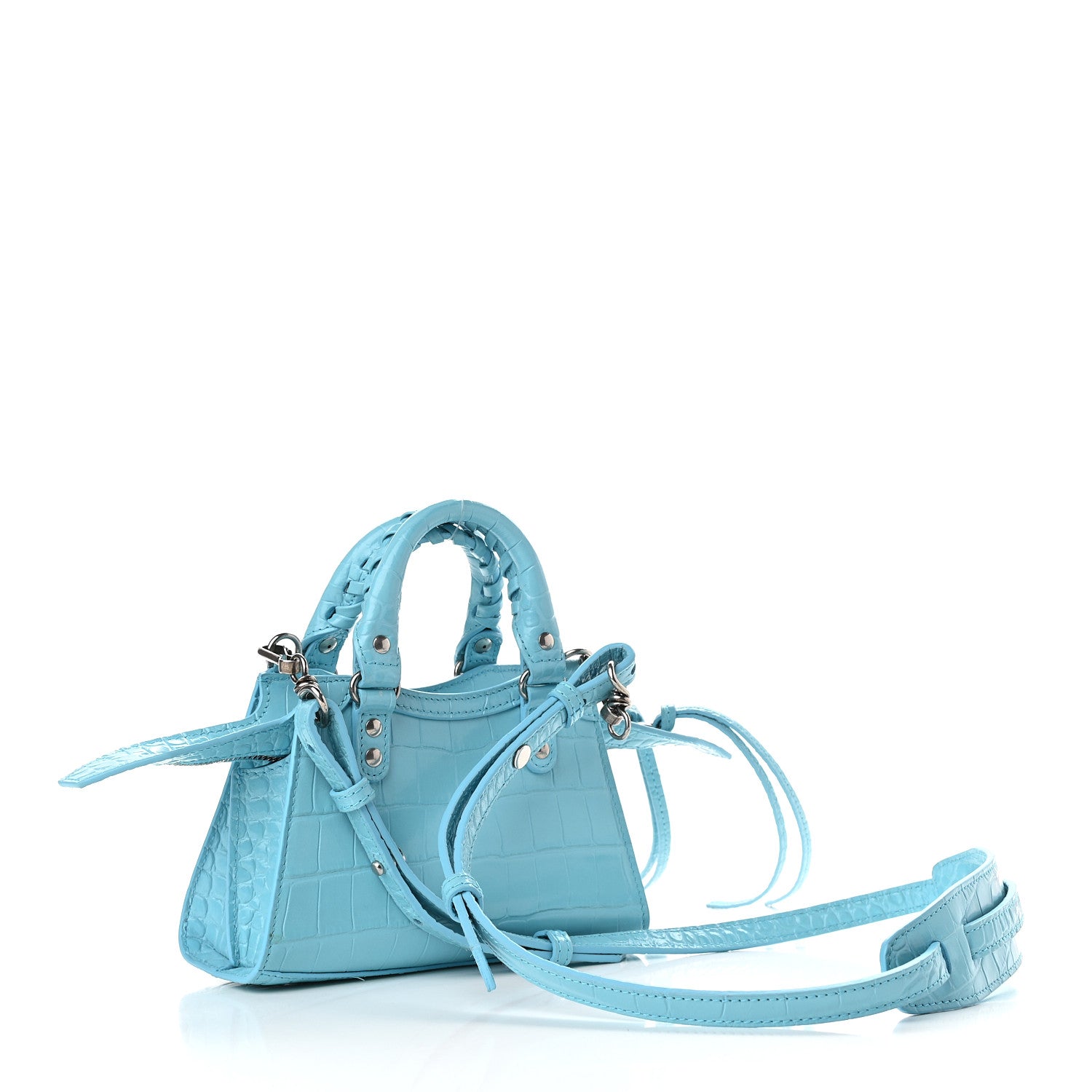Balenciaga Calfskin Crocodile Embossed Neo Classic Silver Hardware Nano City Crossbody Azur 3 of 8