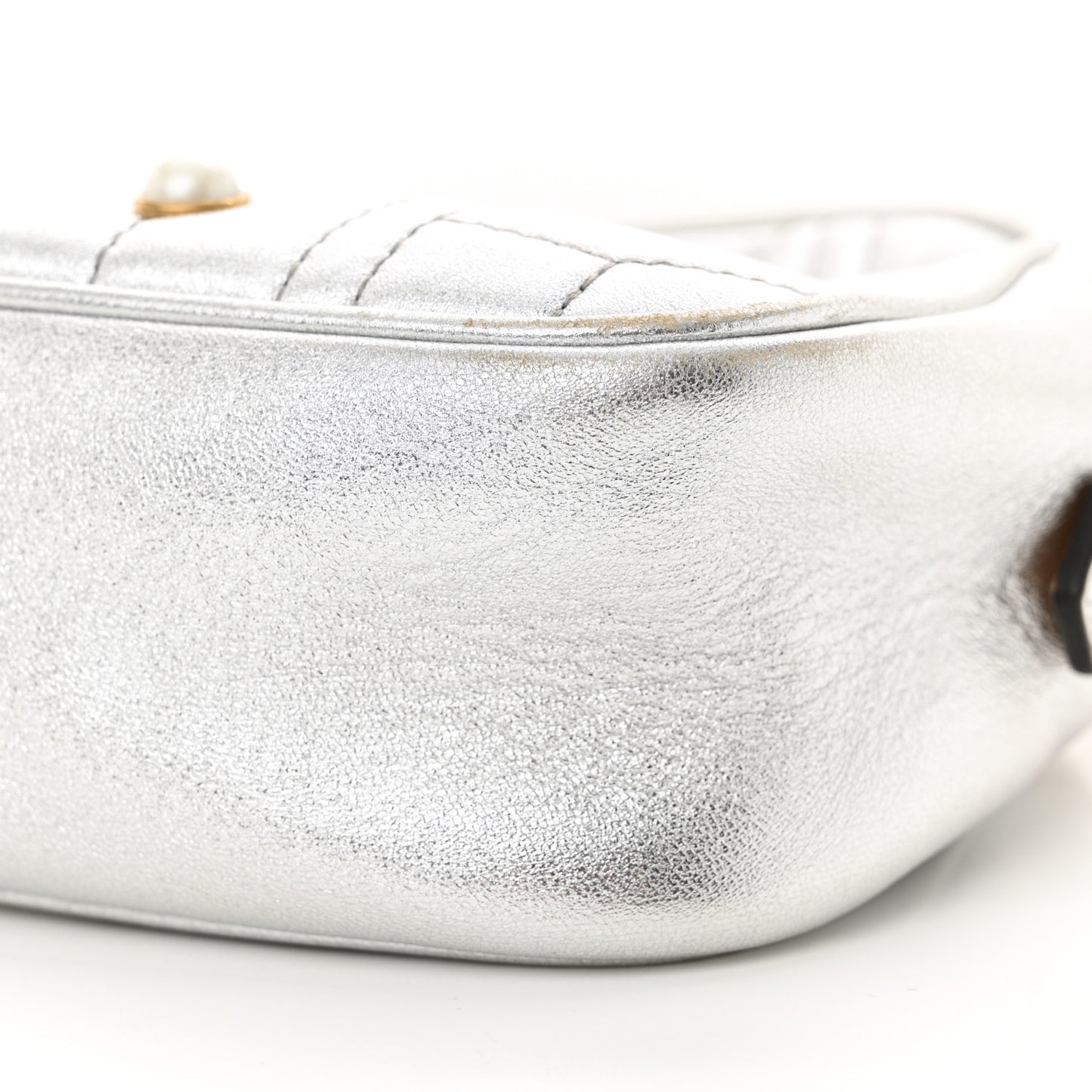 Metallic Calfskin Matelasse Studded Small Pearly GG Marmont Chain Shoulder Bag Silver