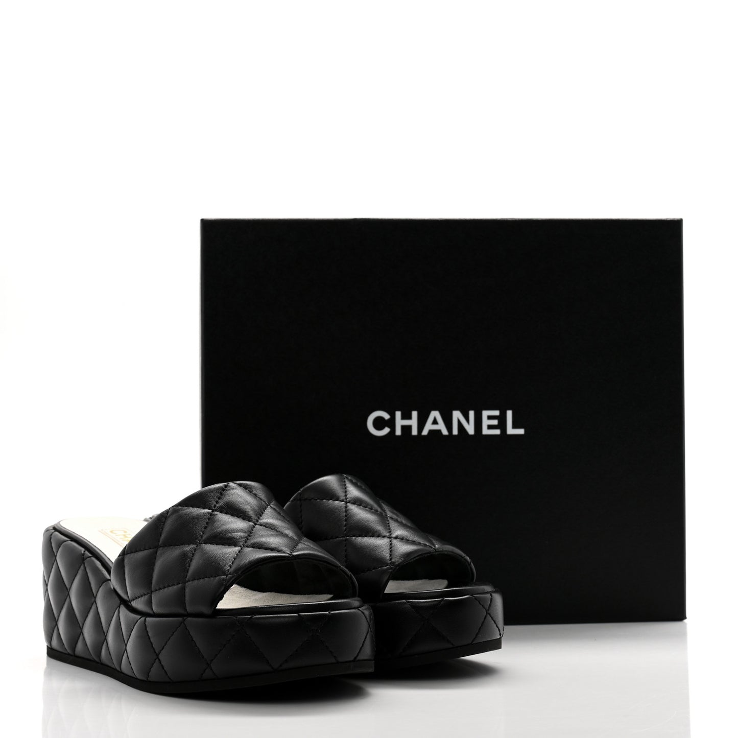 Lambskin Quilted Camelia CC Wedge Sandal Mules 38 Black