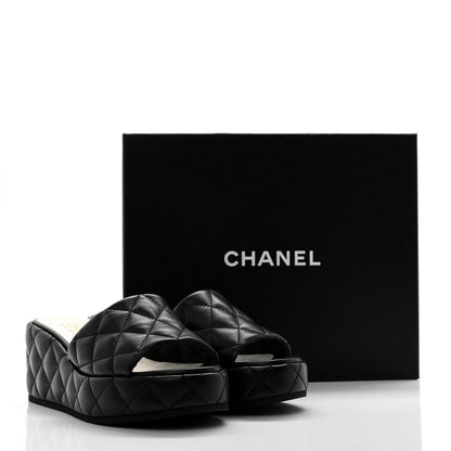 Chanel Lambskin Quilted Camelia CC Wedge Sandal Mules 38 Black 11 of 11