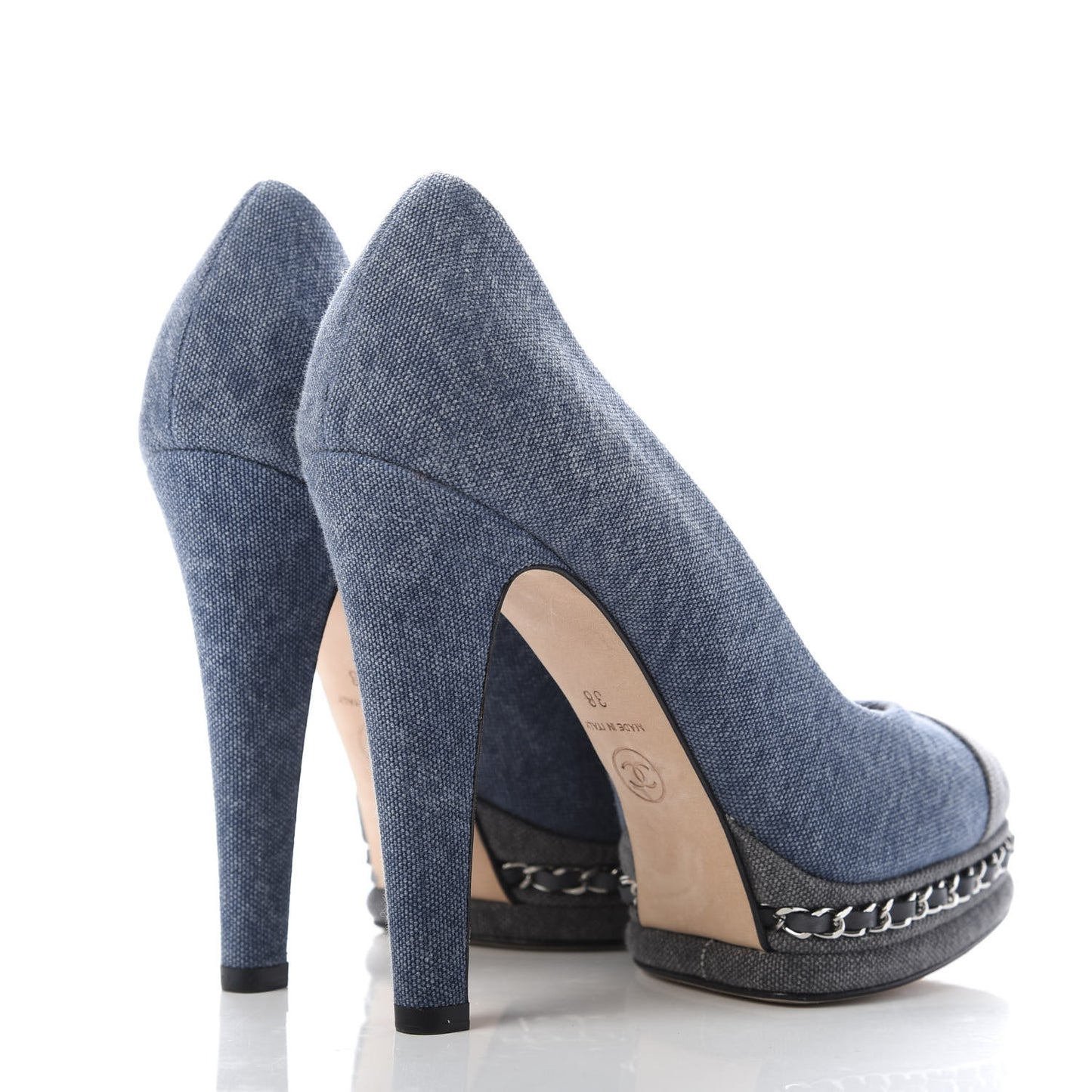 Denim Chain Around Cap Toe Platform Pumps 38 Blue Gris Fonce