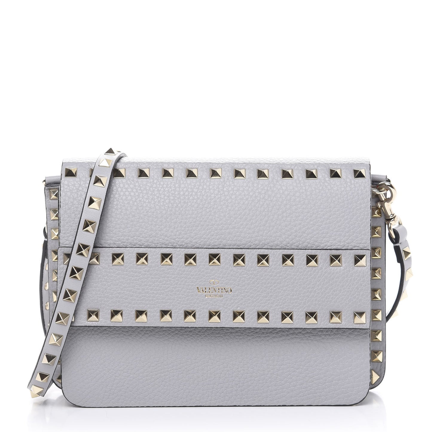 Pebbled Calfskin Rockstud Side Slip Crossbody Pastel Grey