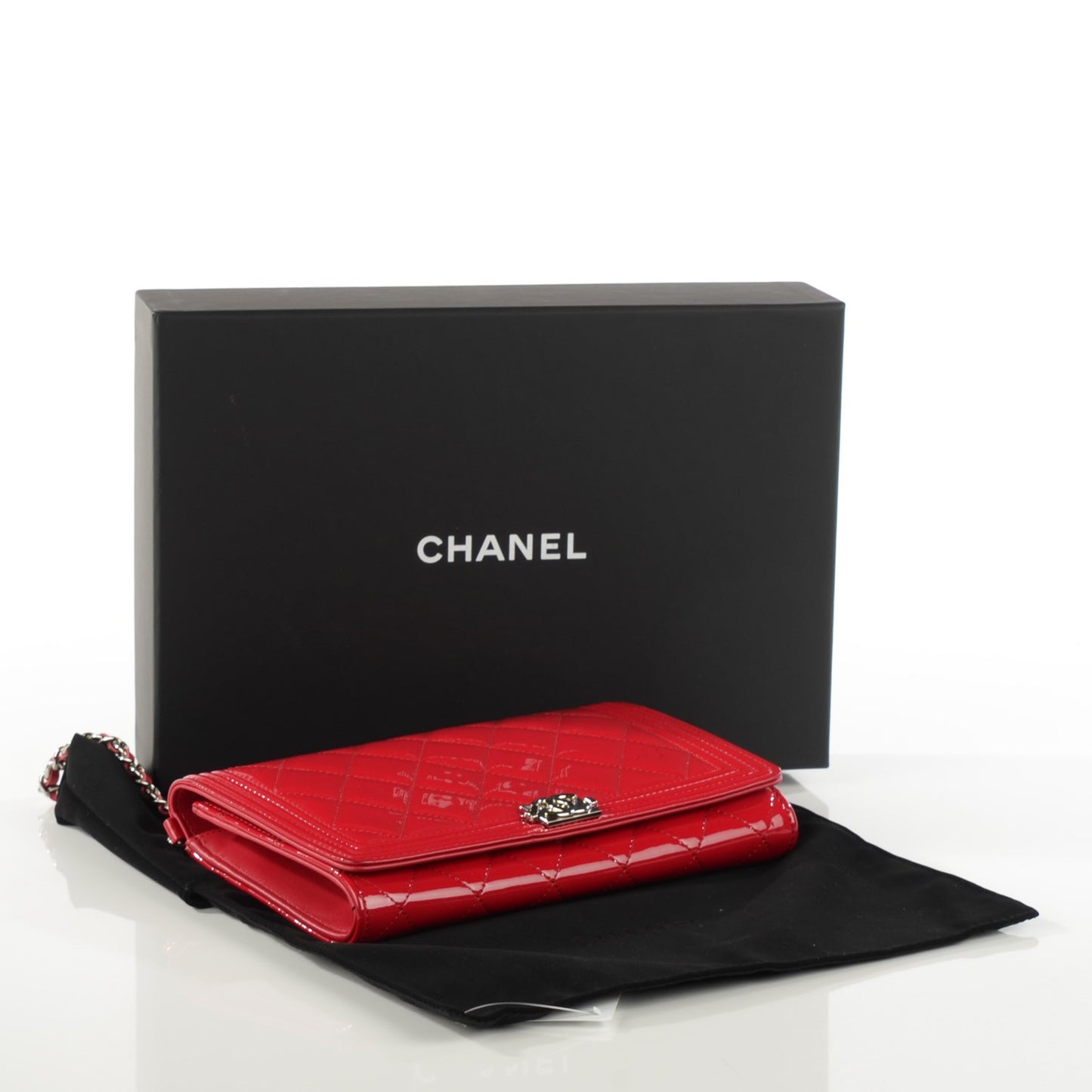Patent Calfskin Quilted Boy Wallet on Removable Chain Red
