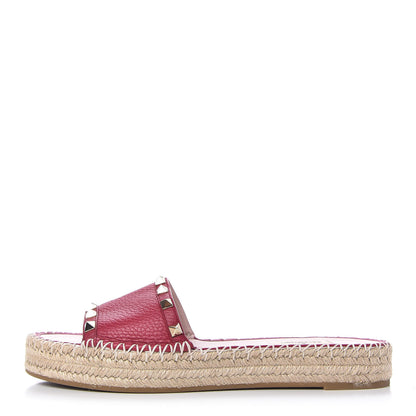Valentino Garavani Grained Calfskin Rockstud Espadrille Flat Slide Sandals 39 Red 1 of 9