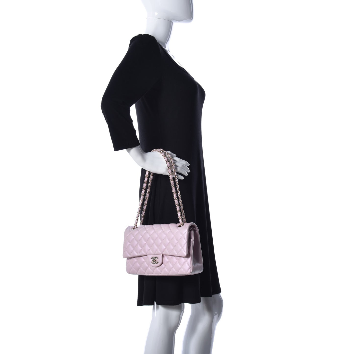 Iridescent Calfskin Quilted Medium Double Flap Light Pink