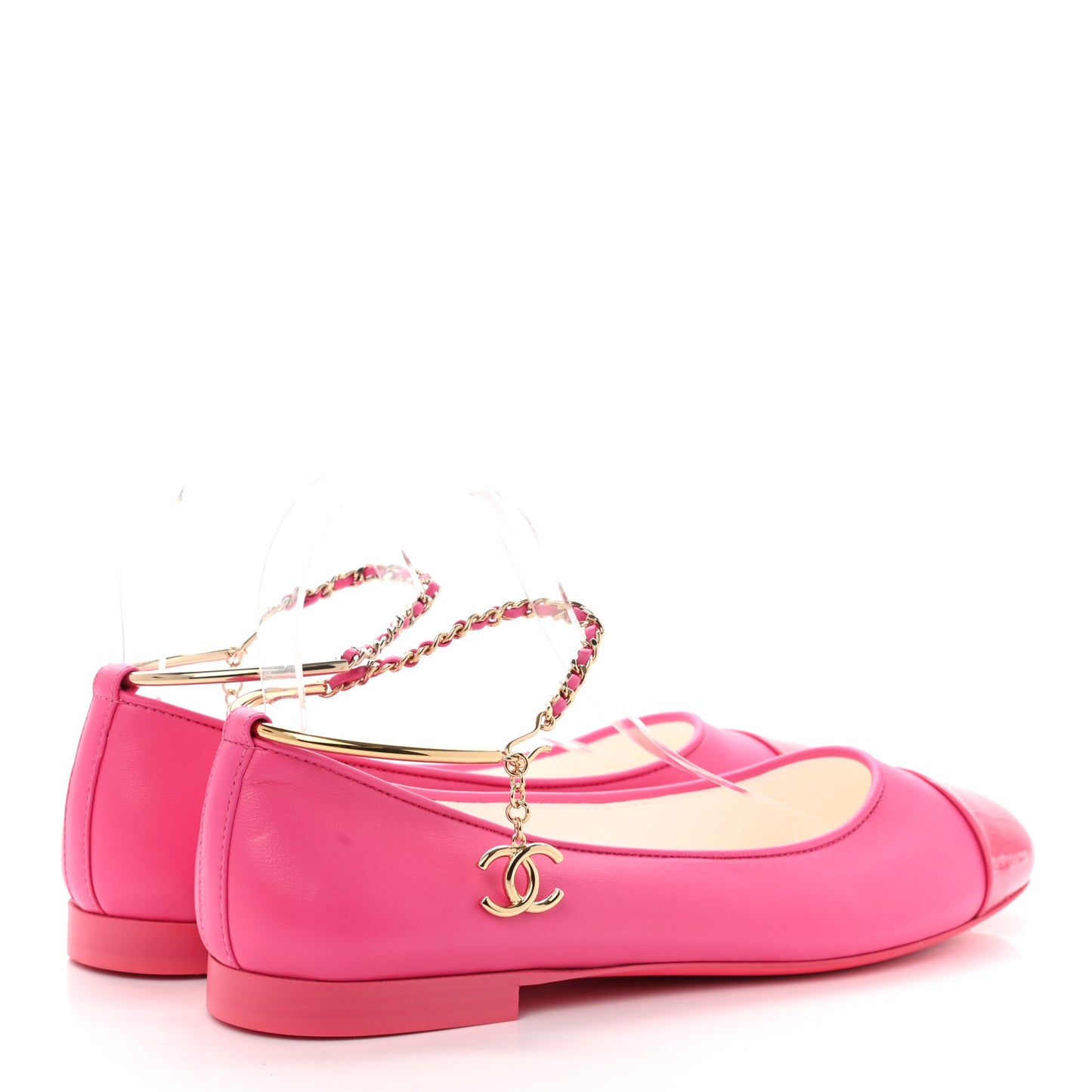 Lambskin Patent Calfskin Cap Toe Ankle Chain Ballerina Flats 38.5 Pink