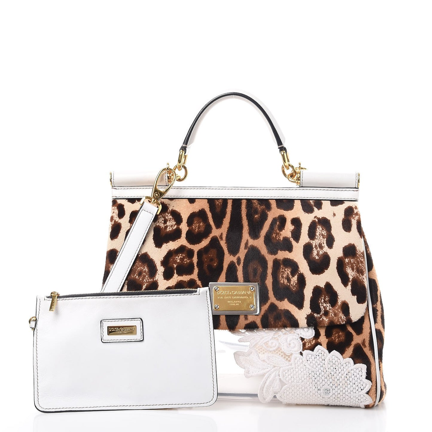 Calf Hair Leopard Print Lace Large Miss Sicily Satchel White