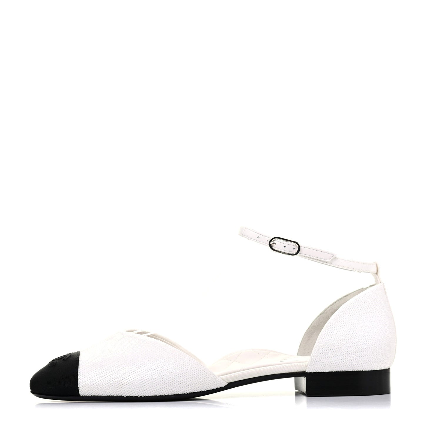 Sequin Grosgrain Cap Toe CC Ankle Strap Sandals 42 White Black