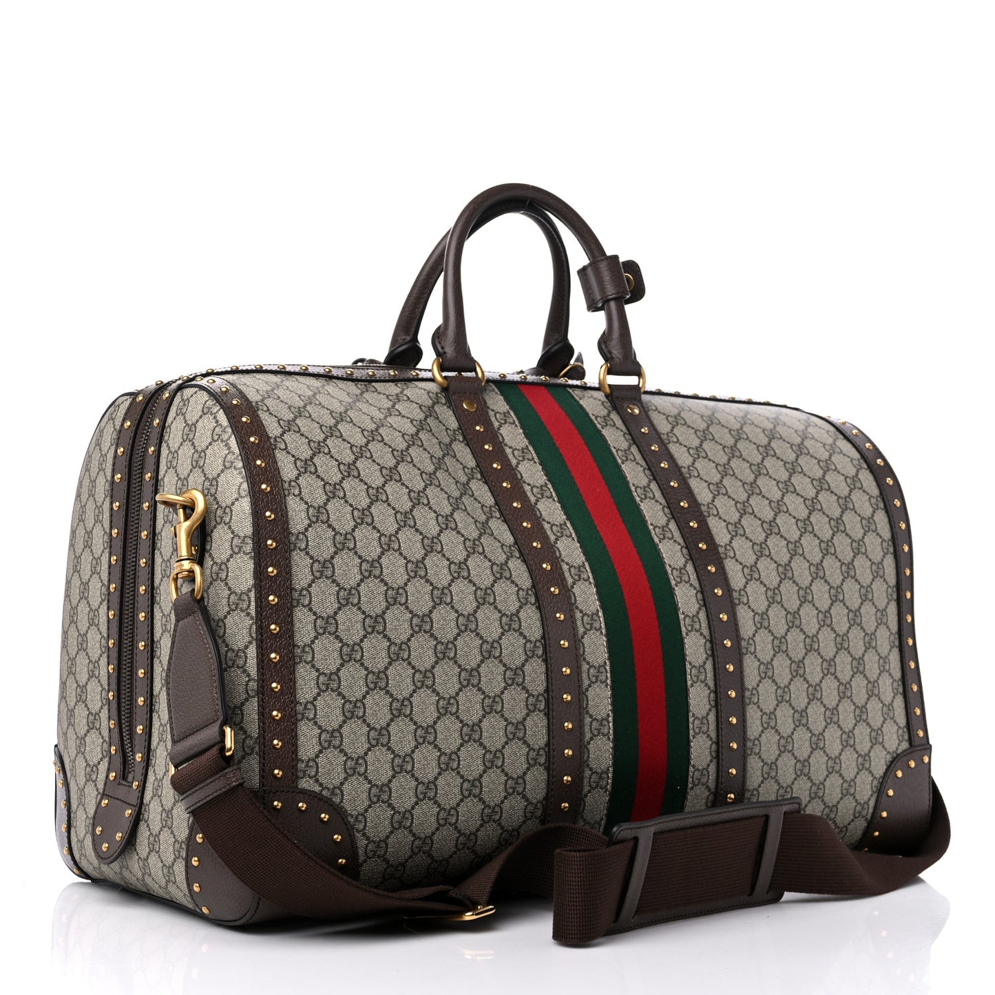 GG Supreme Monogram Textured Dollar Calfskin Web Studded Large Savoy Duffle Bag Beige Ebony