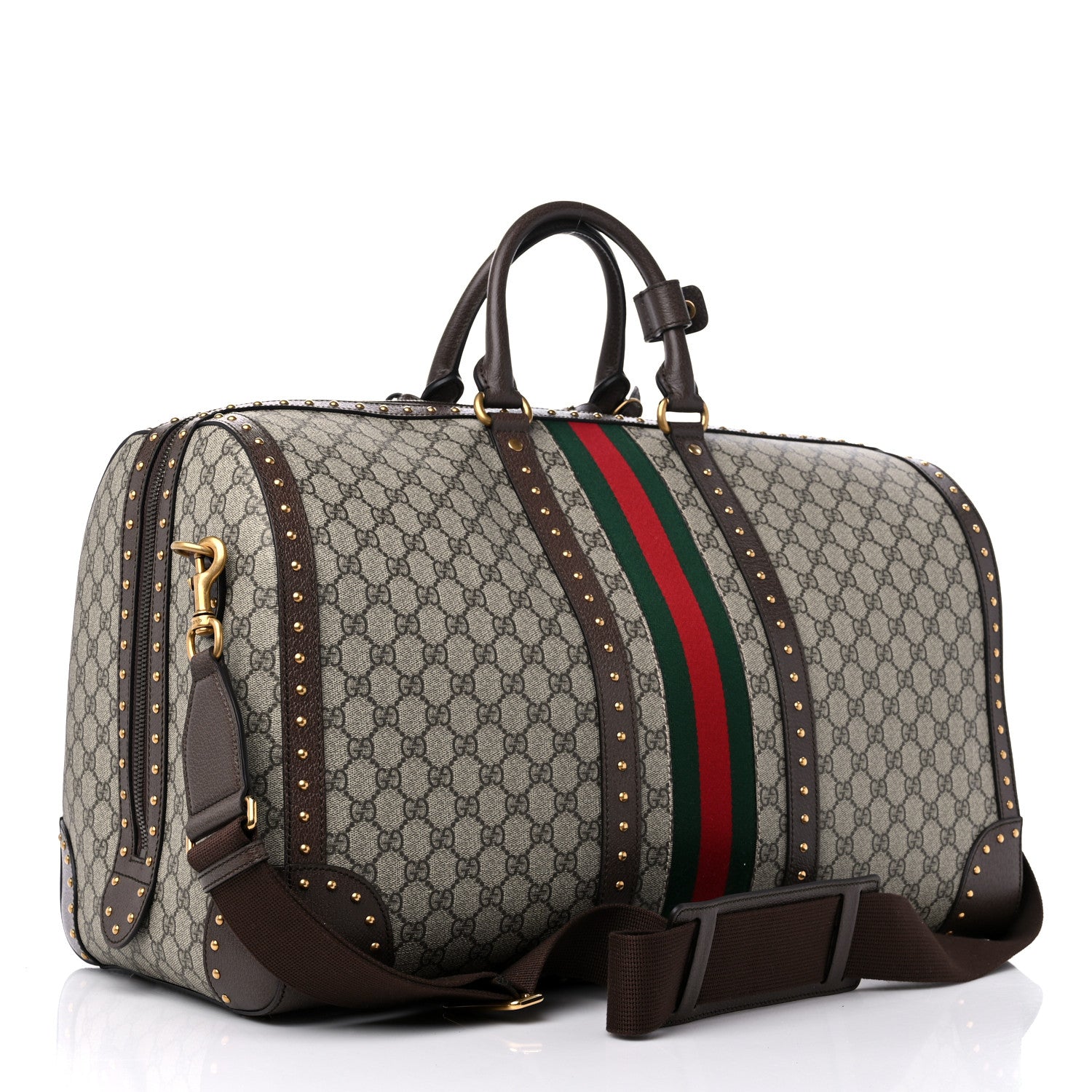 Gucci GG Supreme Monogram Textured Dollar Calfskin Web Studded Large Savoy Duffle Bag Beige Ebony 2 of 8