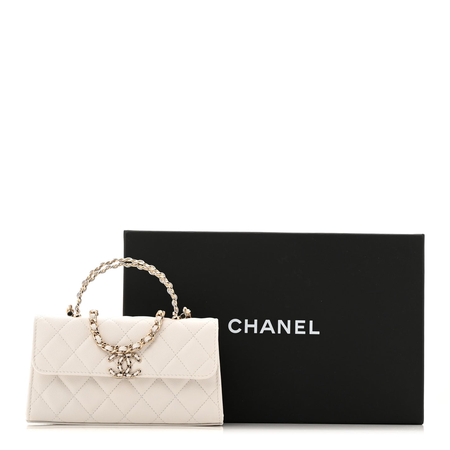 Caviar Quilted Chain Match Top Handle Phone Holder With Chain White