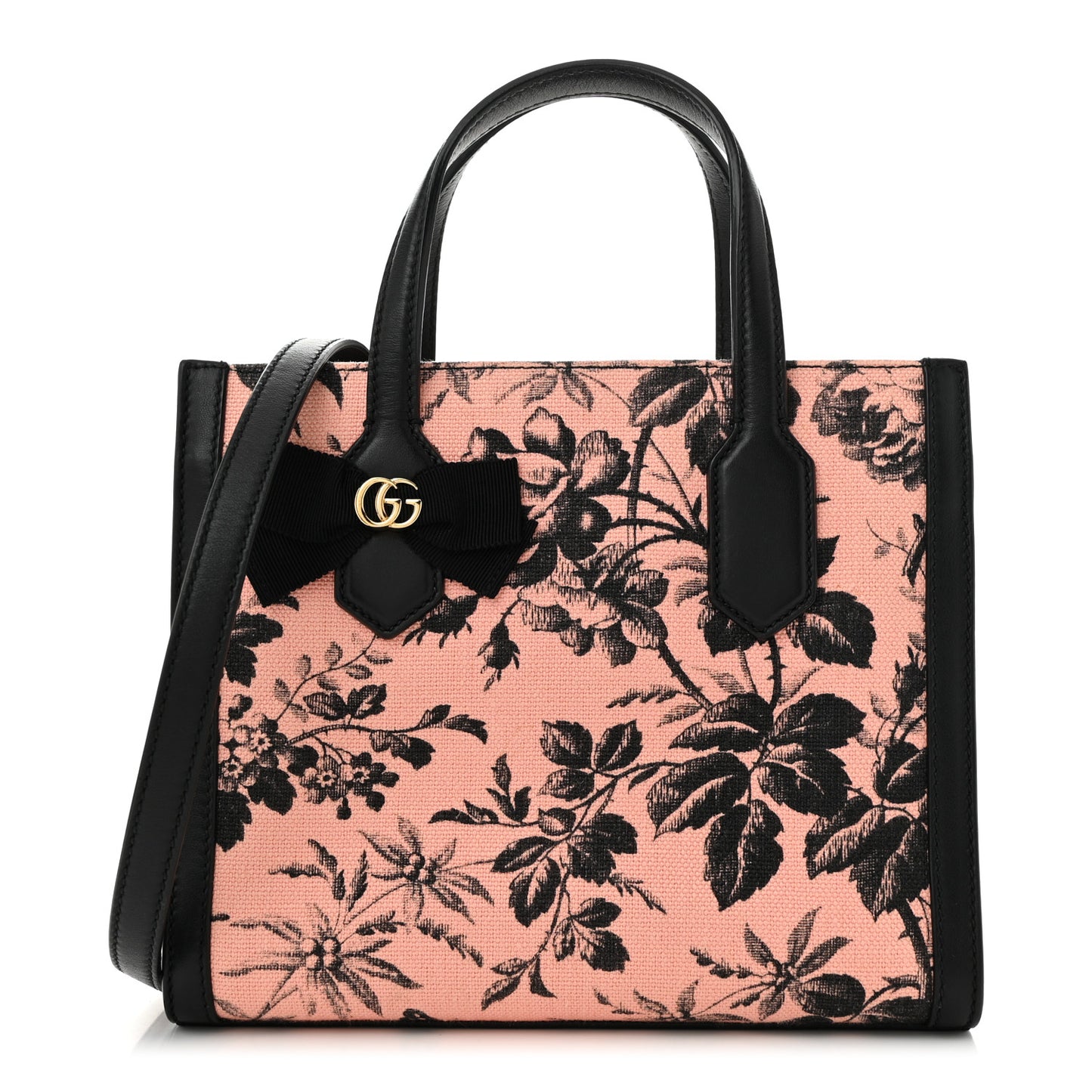Canvas Herbarium Print Ribbon Top Handle Bag Pink Black
