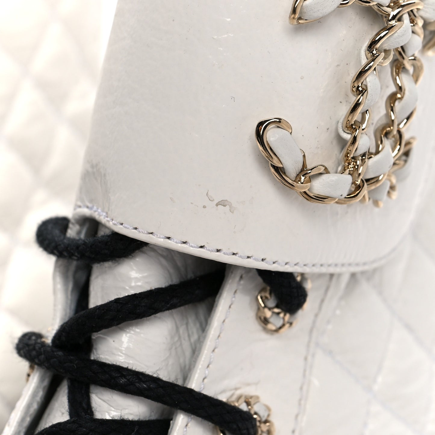 Shiny Goatskin Calfskin Quilted Lace Up Combat Boots 40.5 White Black