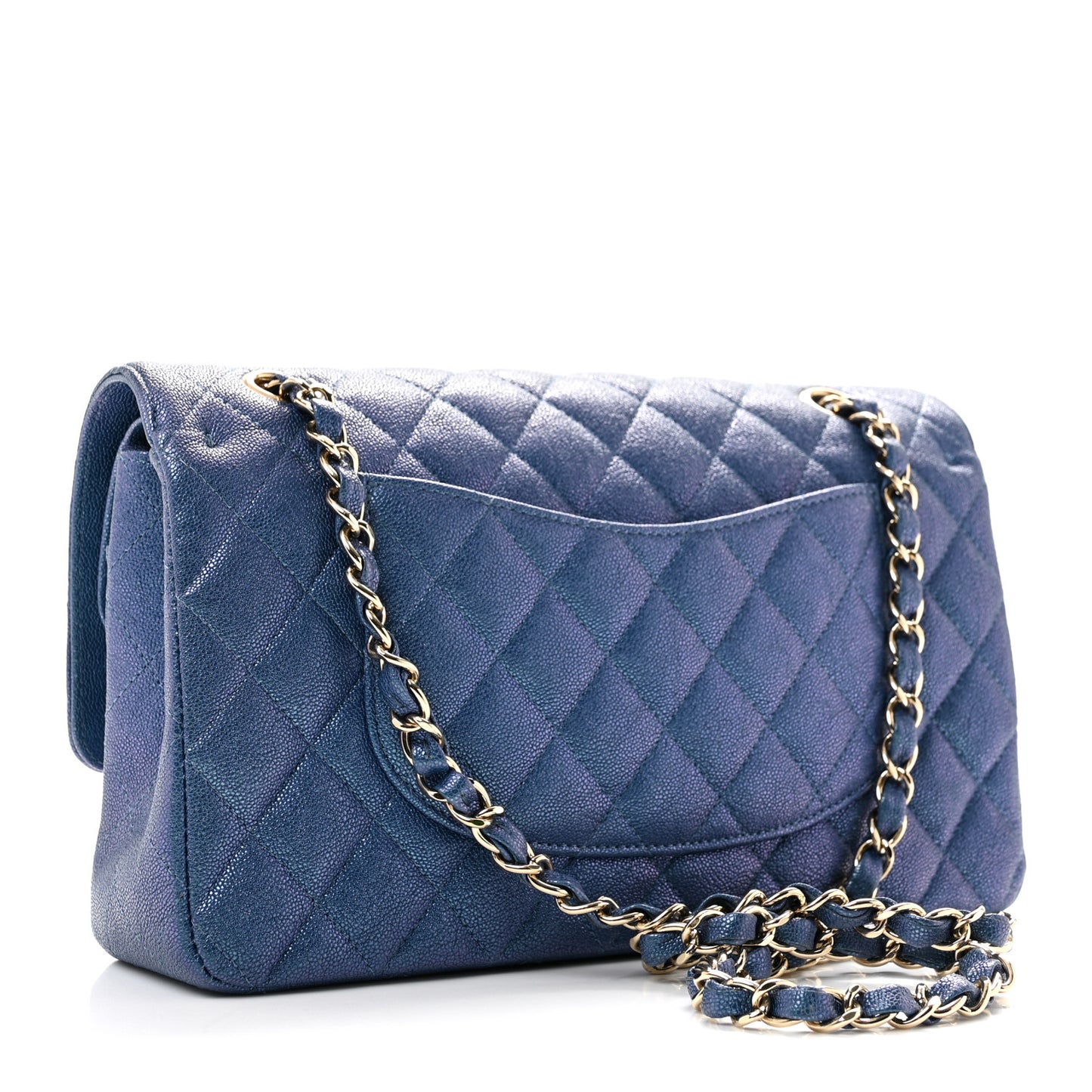 Iridescent Caviar Quilted Medium Double Flap Dark Blue
