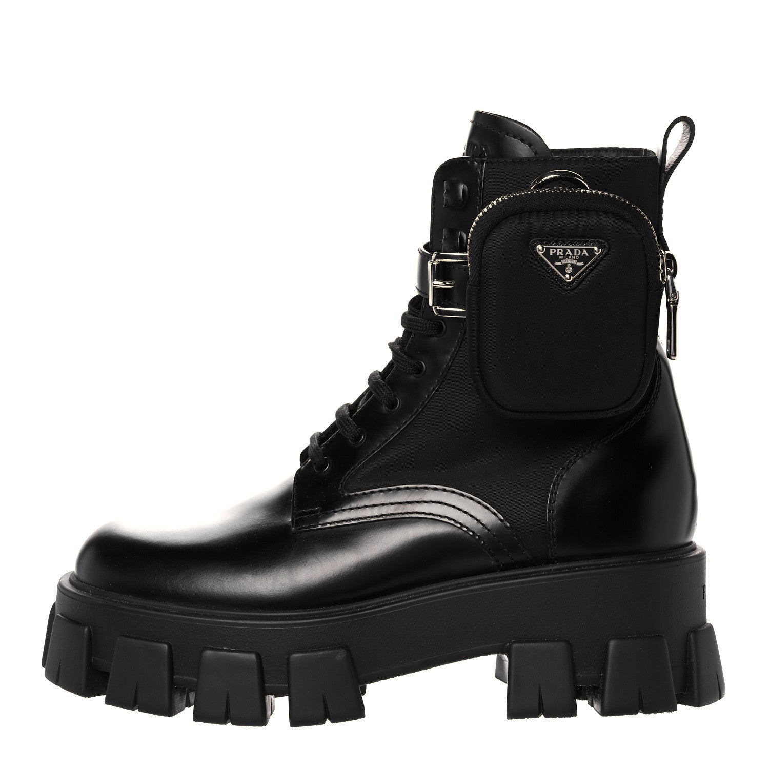 Prada Spazzolato Rois Nylon Metal Triangle Logo Monolith Pouch Pocket 55mm Boots 39 Black 1 of 9