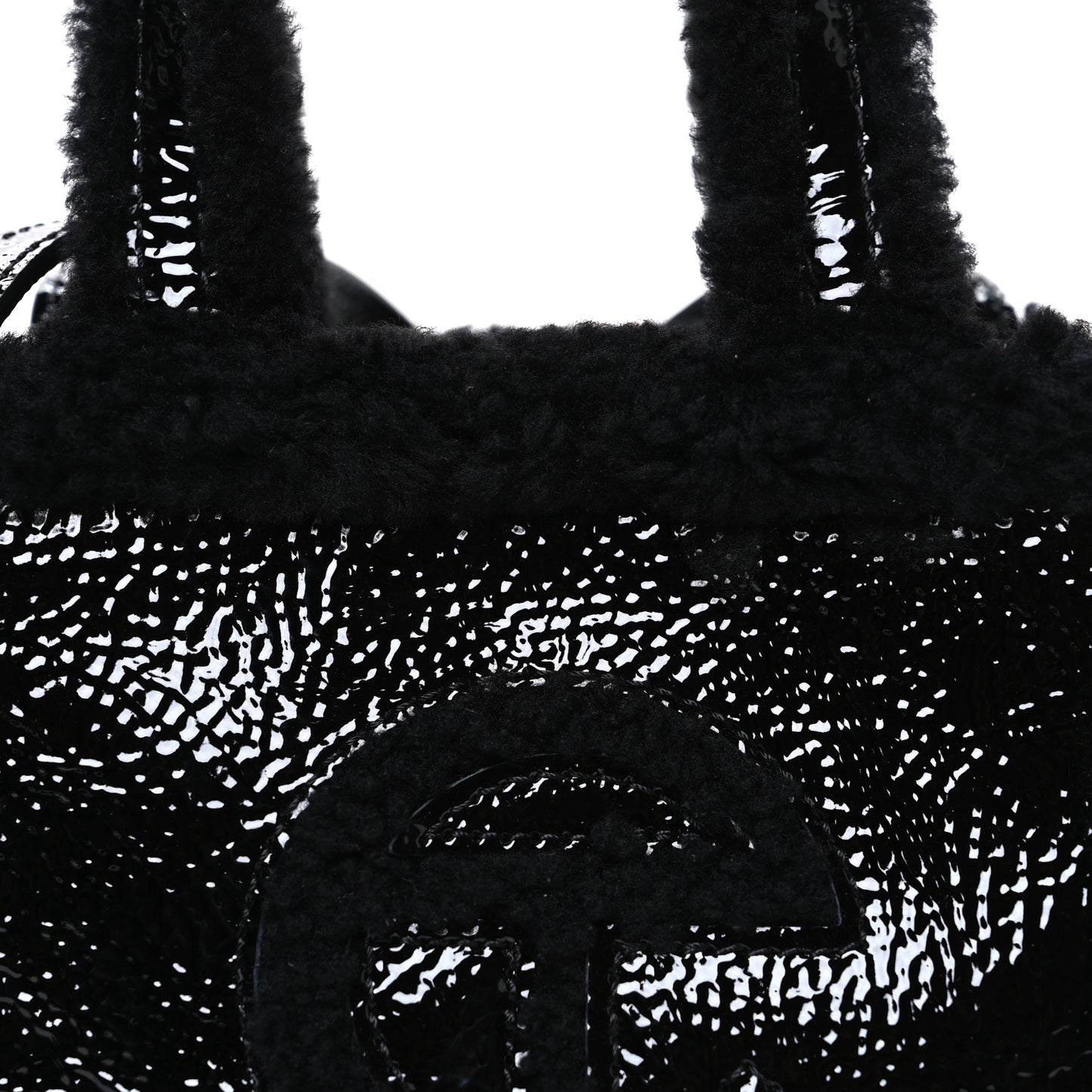 X UGG Crinkle Patent Shearling Small Shopping Bag Black