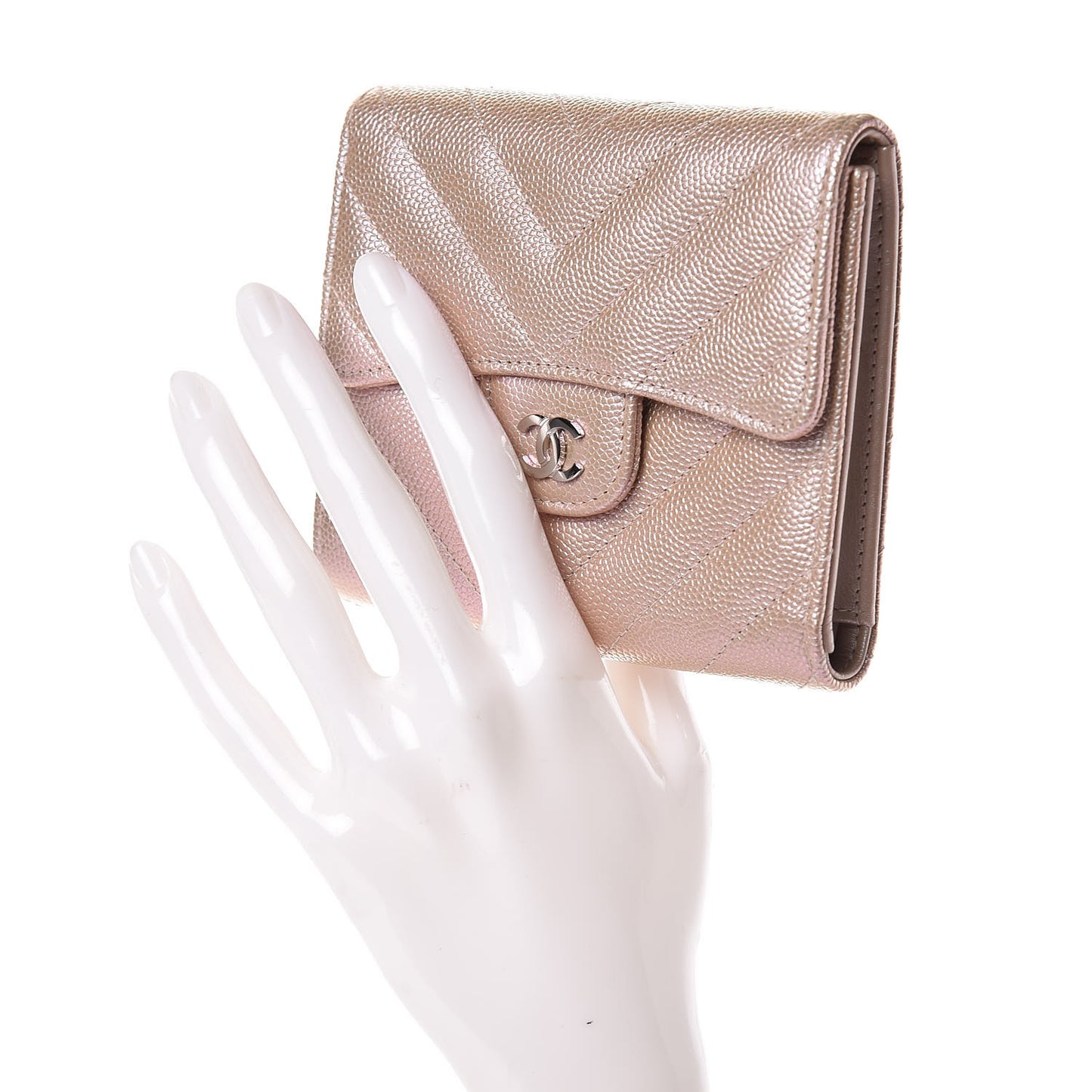 Metallic Caviar Chevron Quilted Compact Flap Wallet Light Gold