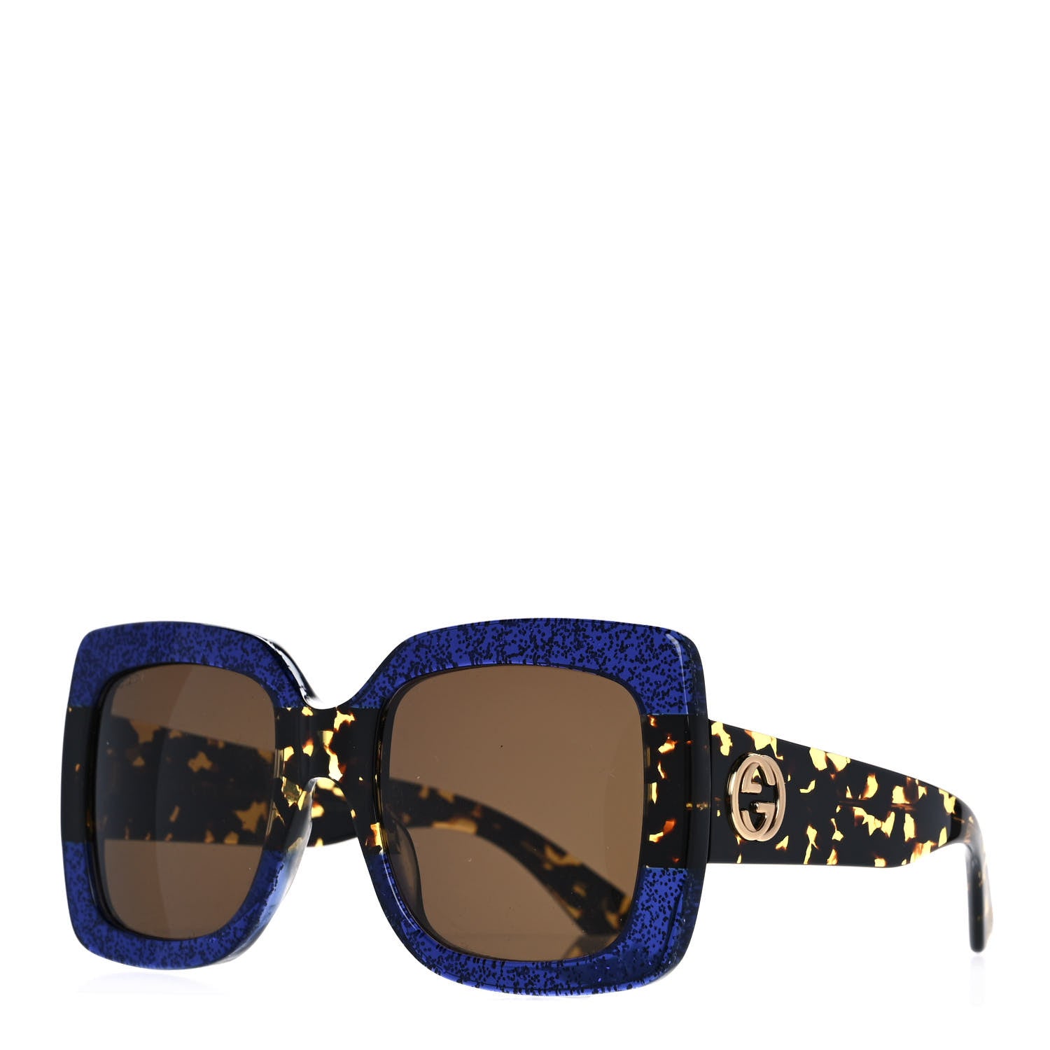 Gucci Square Frame GG0083S Sunglasses Glitter Blue Havana Brown 1 of 8
