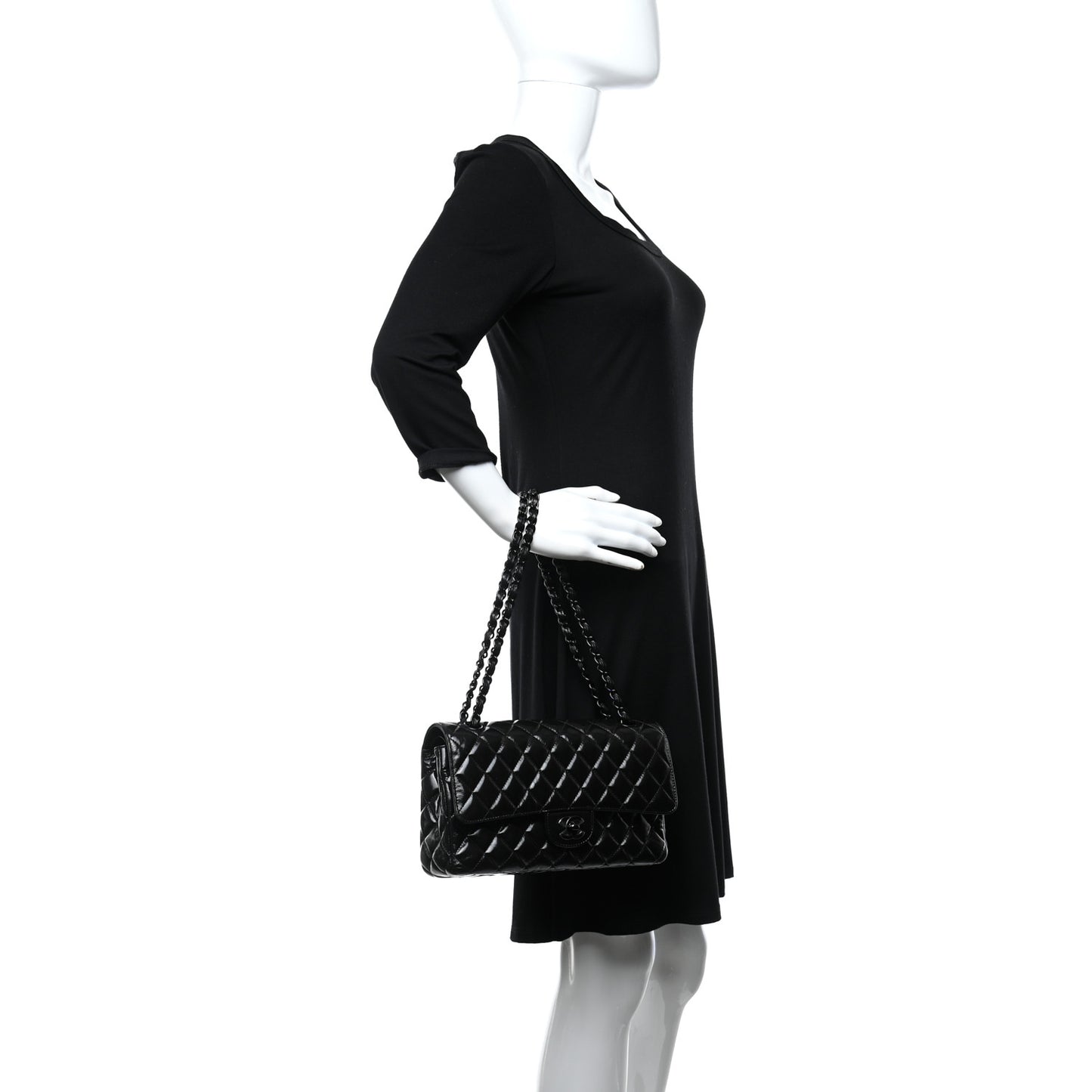 Shiny Crumpled Calfskin Quilted Medium Double Flap So Black