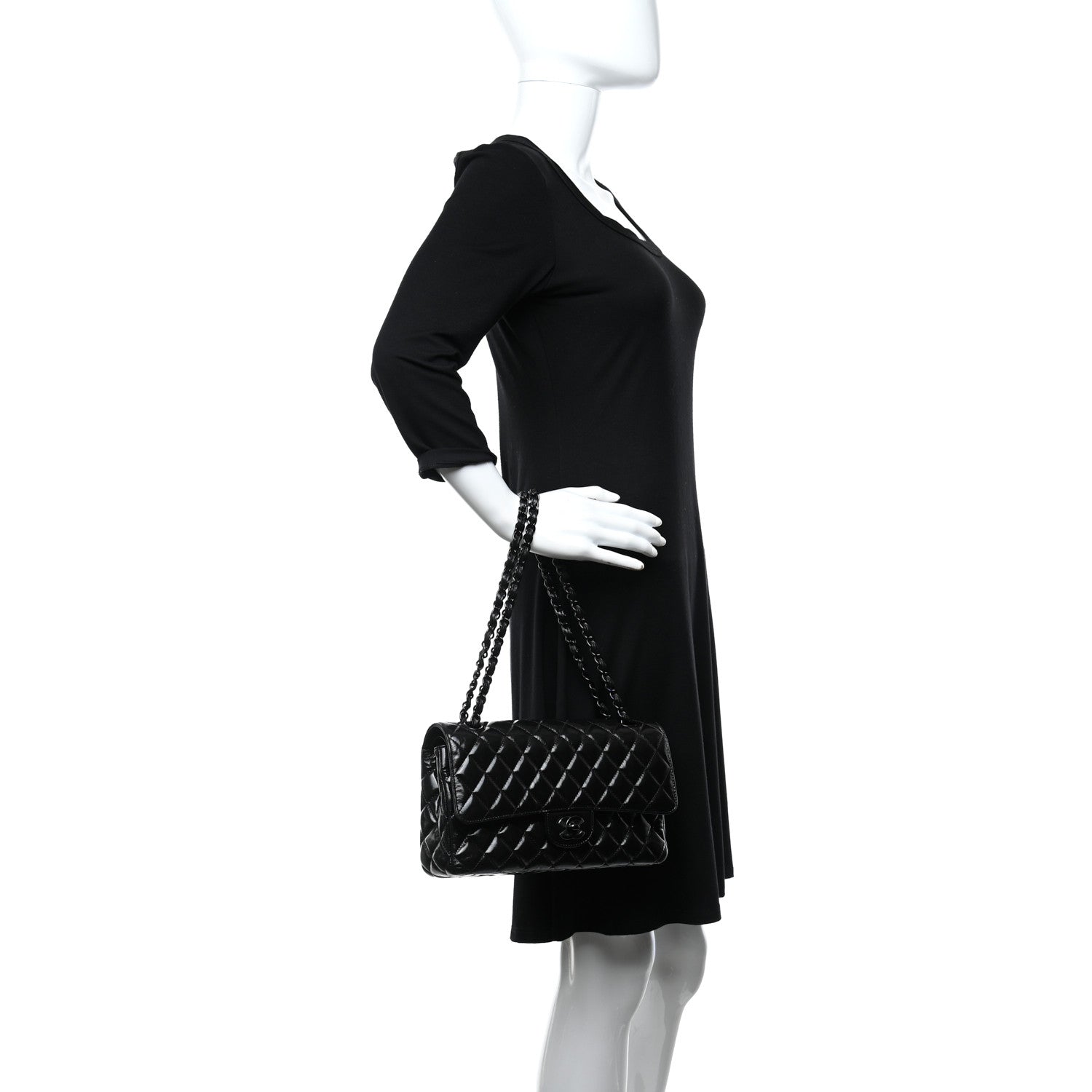 Chanel Shiny Crumpled Calfskin Quilted Medium Double Flap So Black 2 of 8