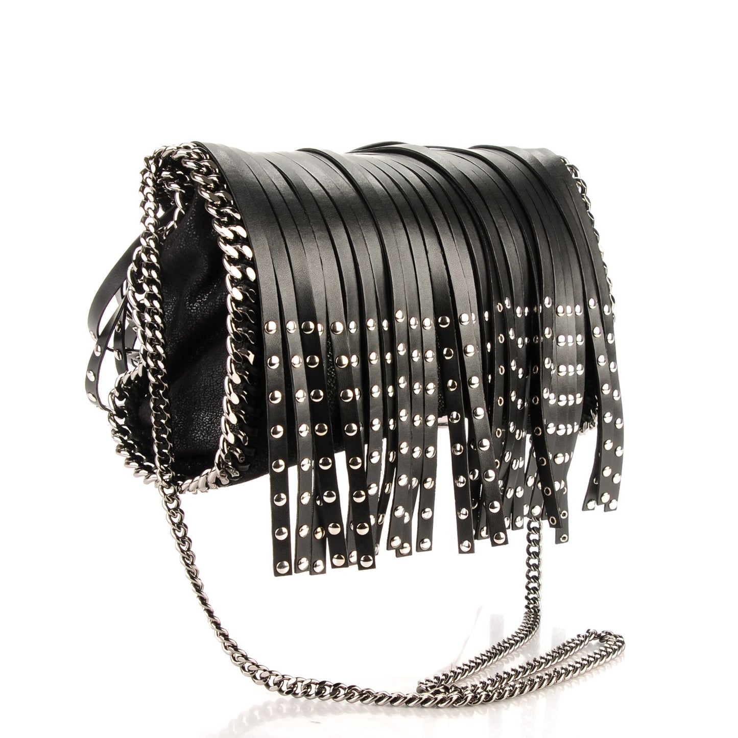 Faux Leather Mini Falabella Studded Fringe Tote Black