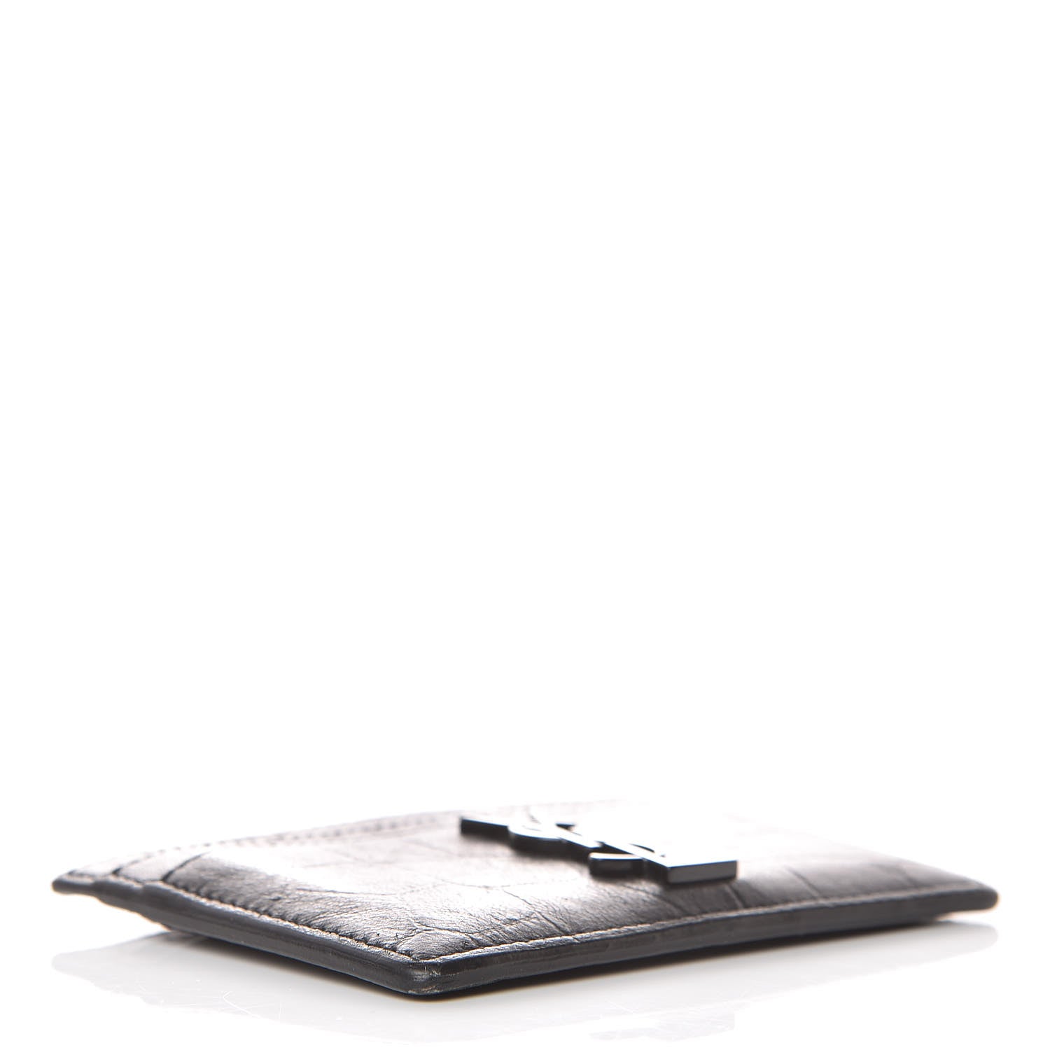 Saint Laurent Calfskin Crocodile Embossed Monogram Credit Card Case Black 4 of 12