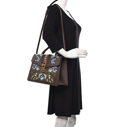 Gucci Calfskin Embroidered Medium Sylvie Top Handle Bag New Acero Multicolor 3 of 11