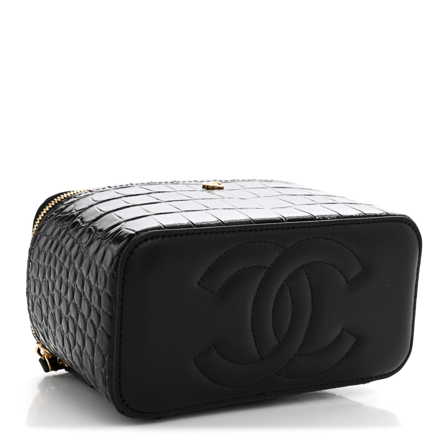 Calfskin Crocodile Embossed Crococo Small Top Handle Vanity Case With Chain Black