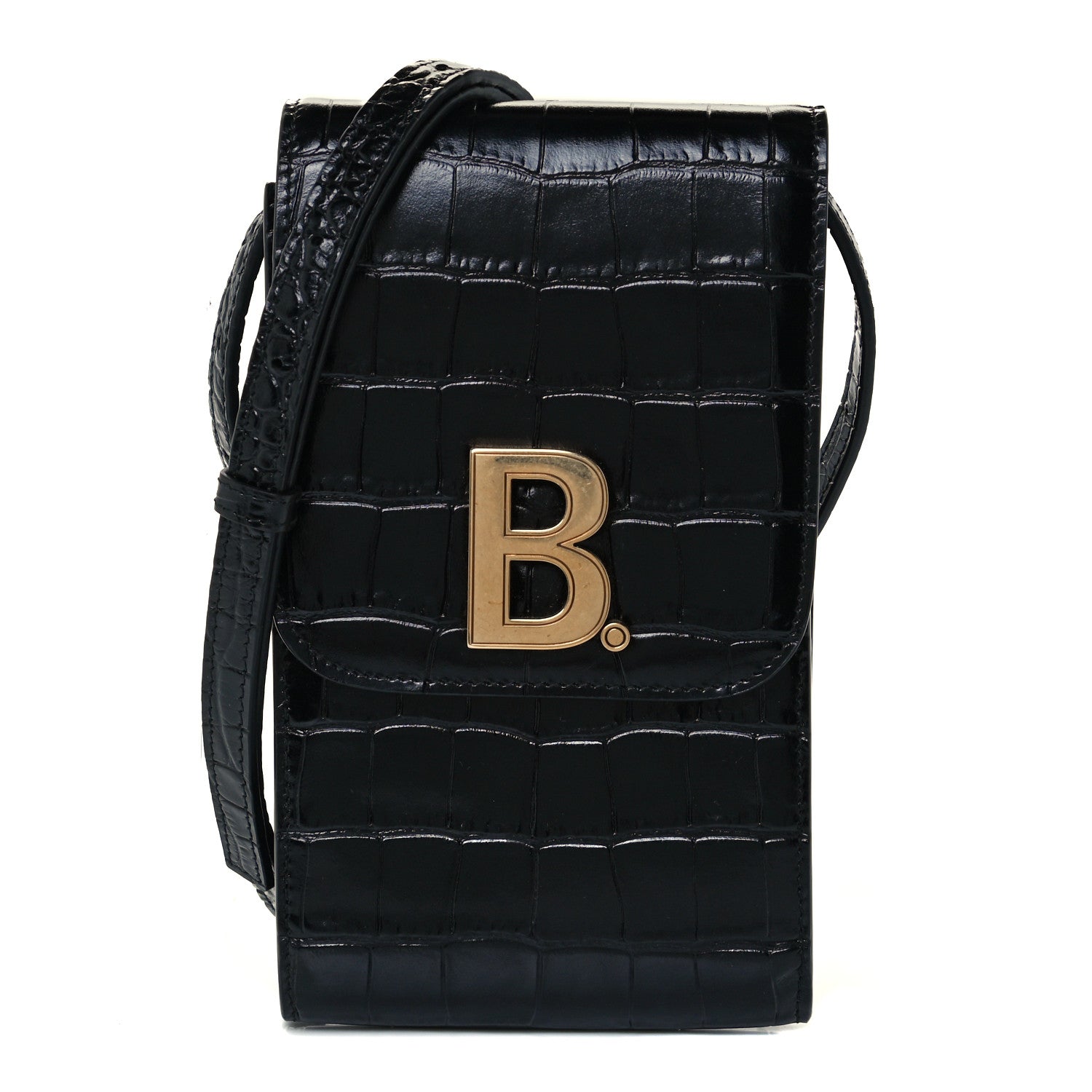 Balenciaga Shiny Calfskin Crocodile Embossed B Phone Holder Black 1 of 10