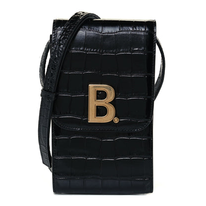 Balenciaga Shiny Calfskin Crocodile Embossed B Phone Holder Black 1 of 10