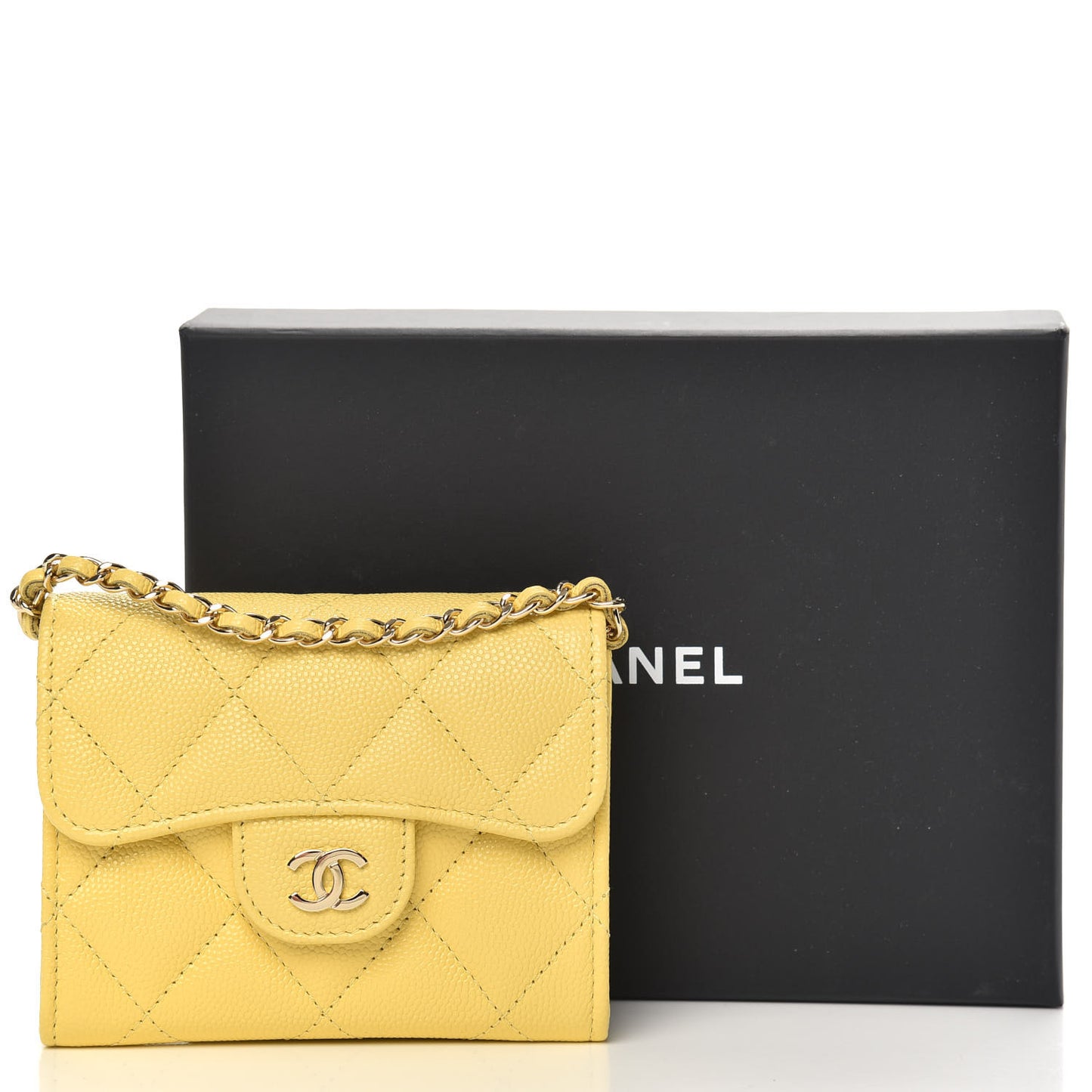 Caviar Quilted Flap Card Holder On Chain Yellow
