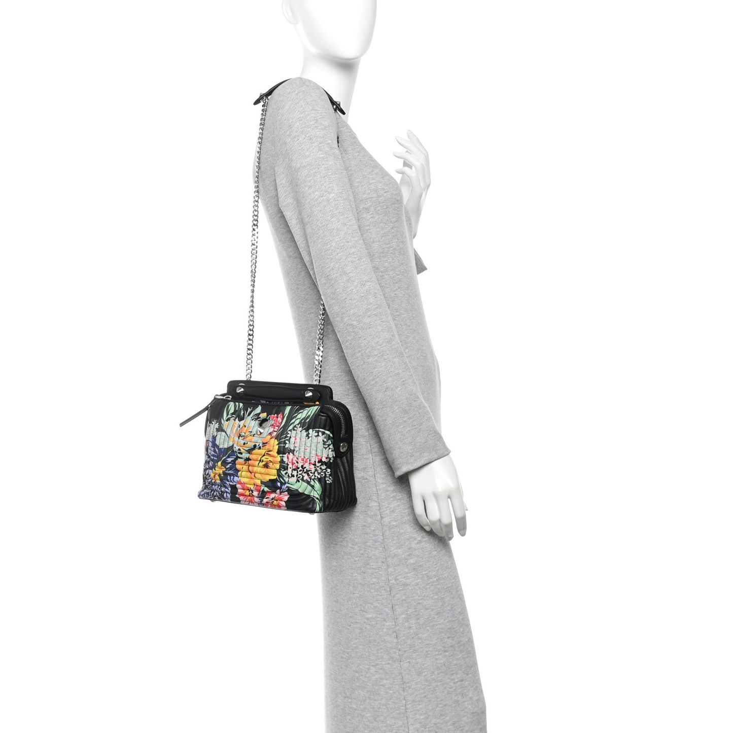 Calfskin Trapuntata Floral Small DotCom Click Chain Satchel Black Multicolor