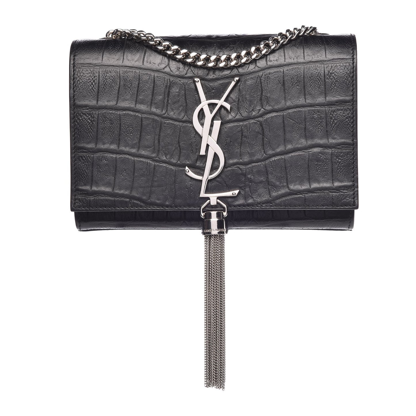 Calfskin Crocodile Embossed Monogram Small Kate Tassel Satchel Black