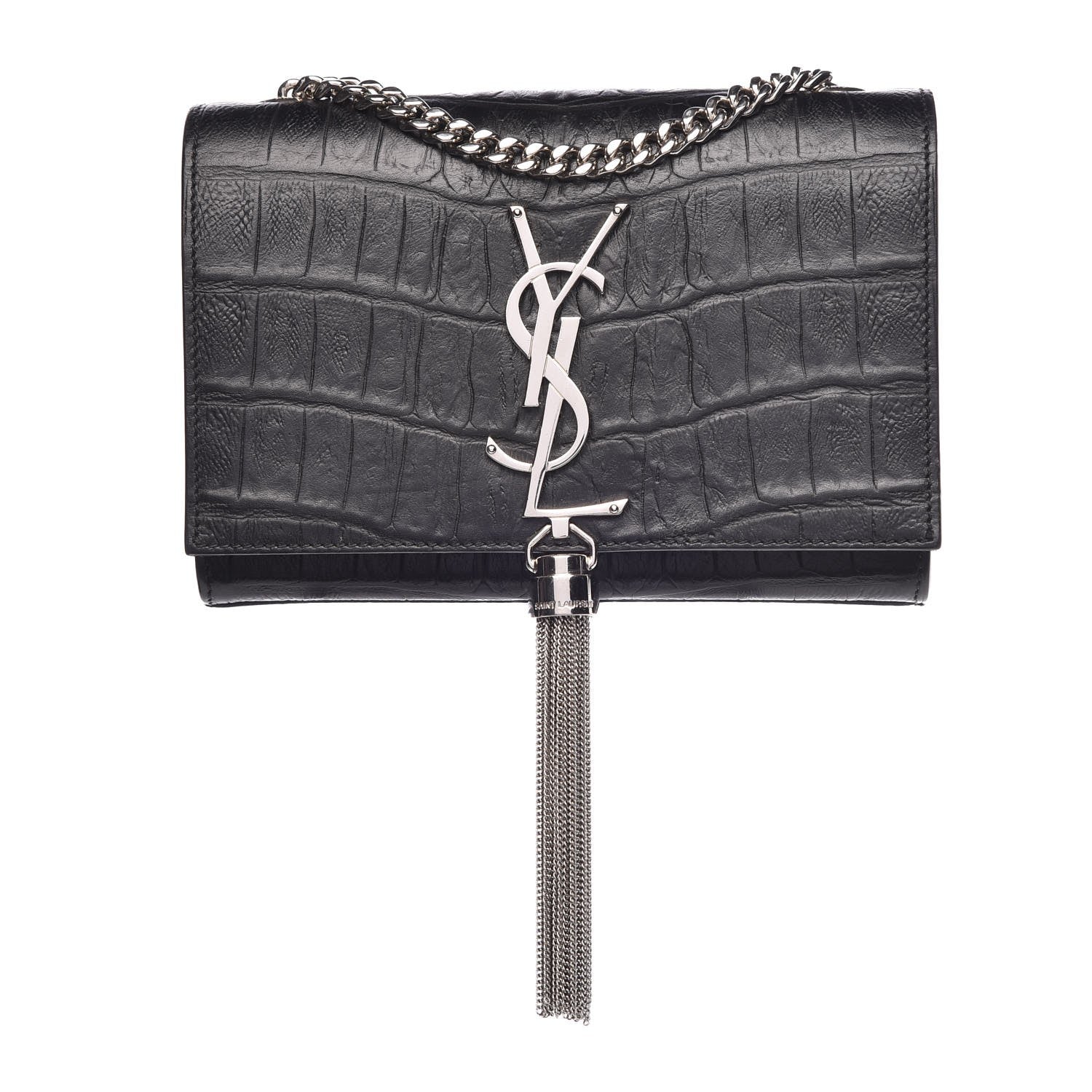 Saint Laurent Calfskin Crocodile Embossed Monogram Small Kate Tassel Satchel Black 1 of 8