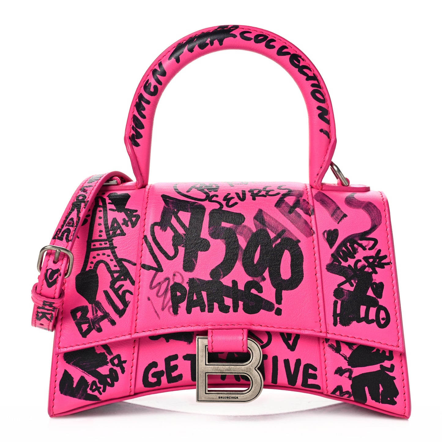 Smooth Calfskin Graffiti Hourglass Top Handle Bag XS Acid Fuchsia Black