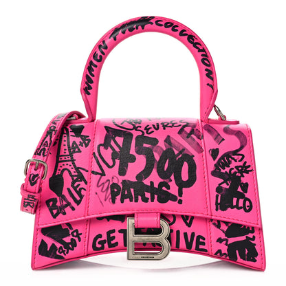 Balenciaga Smooth Calfskin Graffiti Hourglass Top Handle Bag XS Acid Fuchsia Black 1 of 8