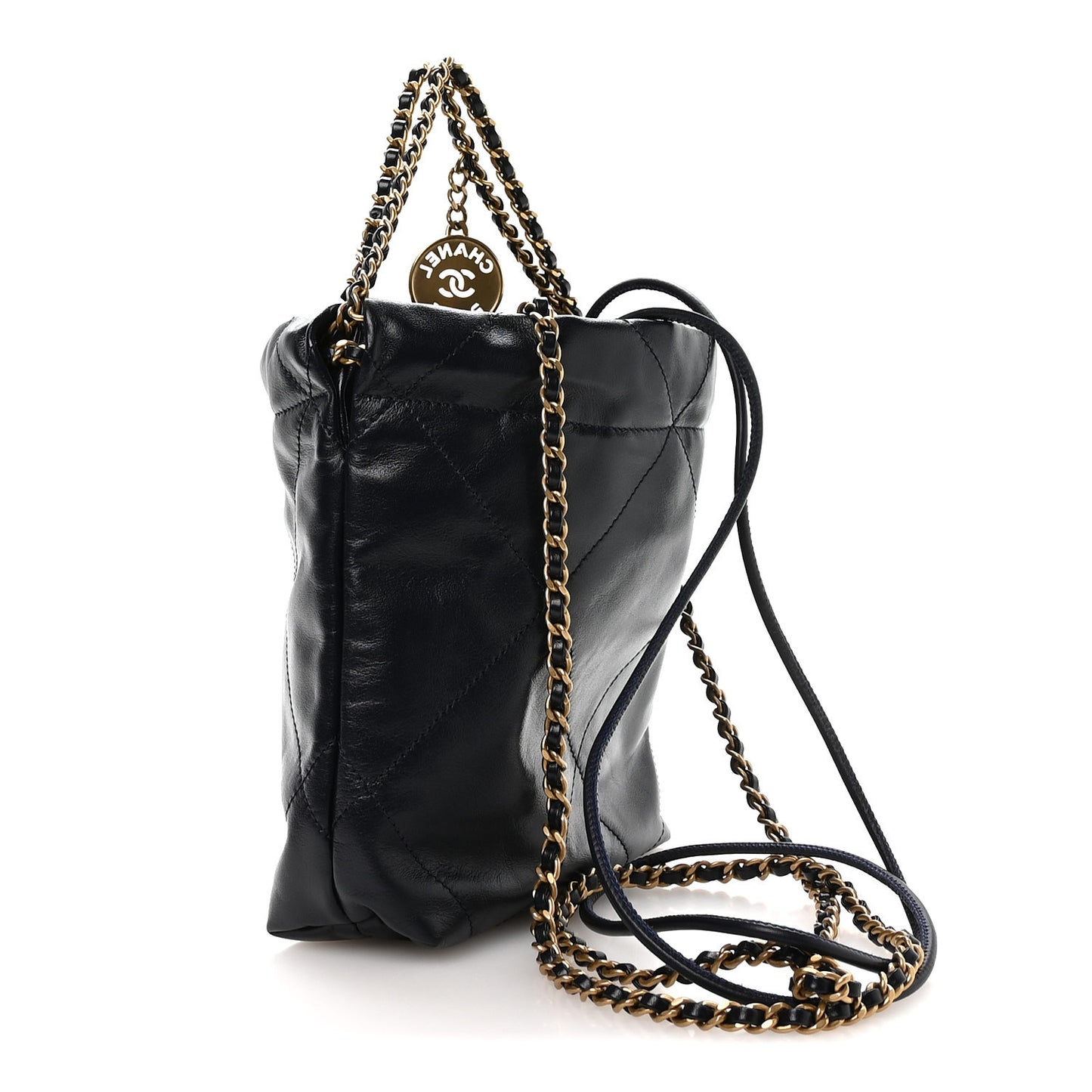 Shiny Calfskin Quilted Mini Chanel 22 Navy Blue