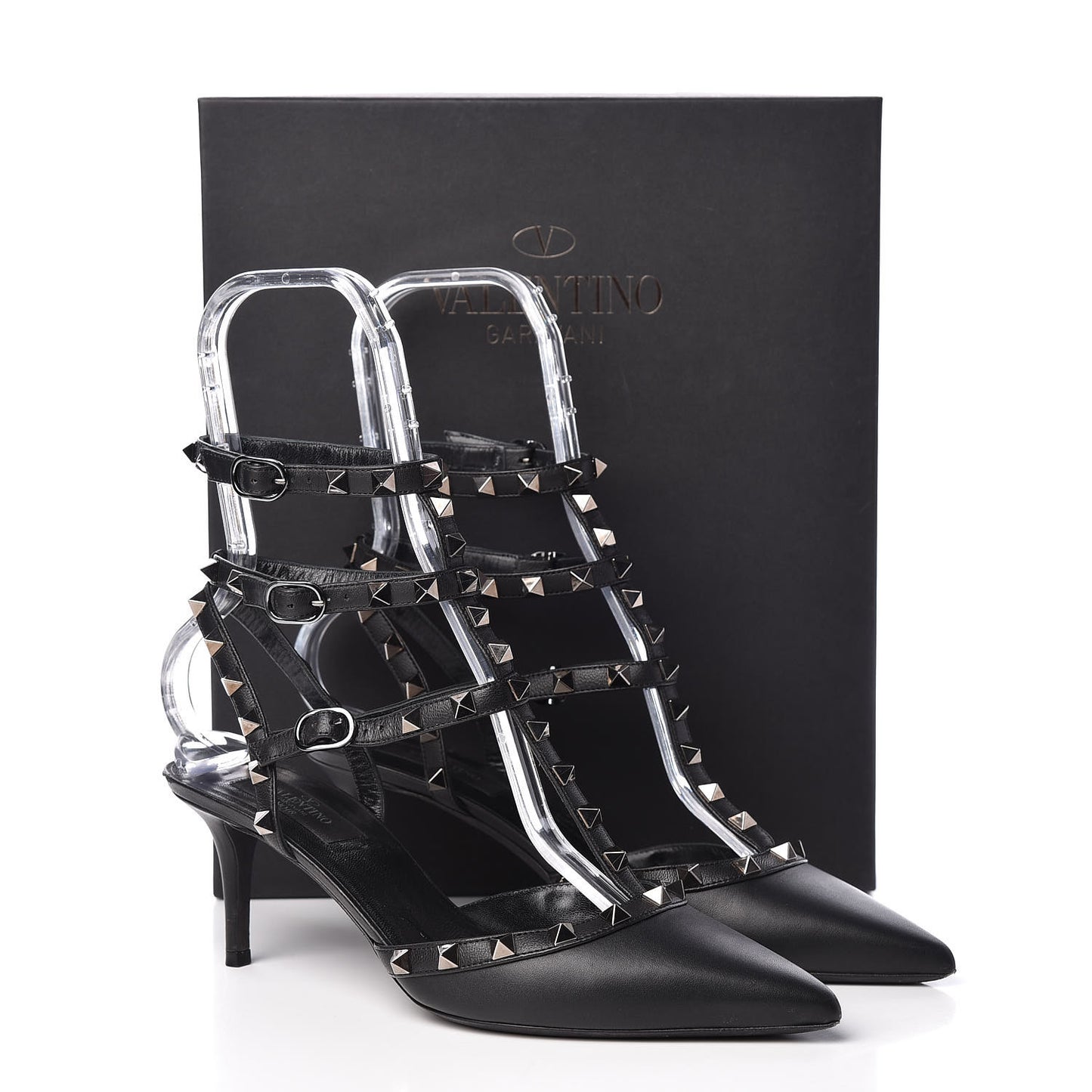 Nappa Rockstud Ankle Strap Low Heel Pumps 39 Black