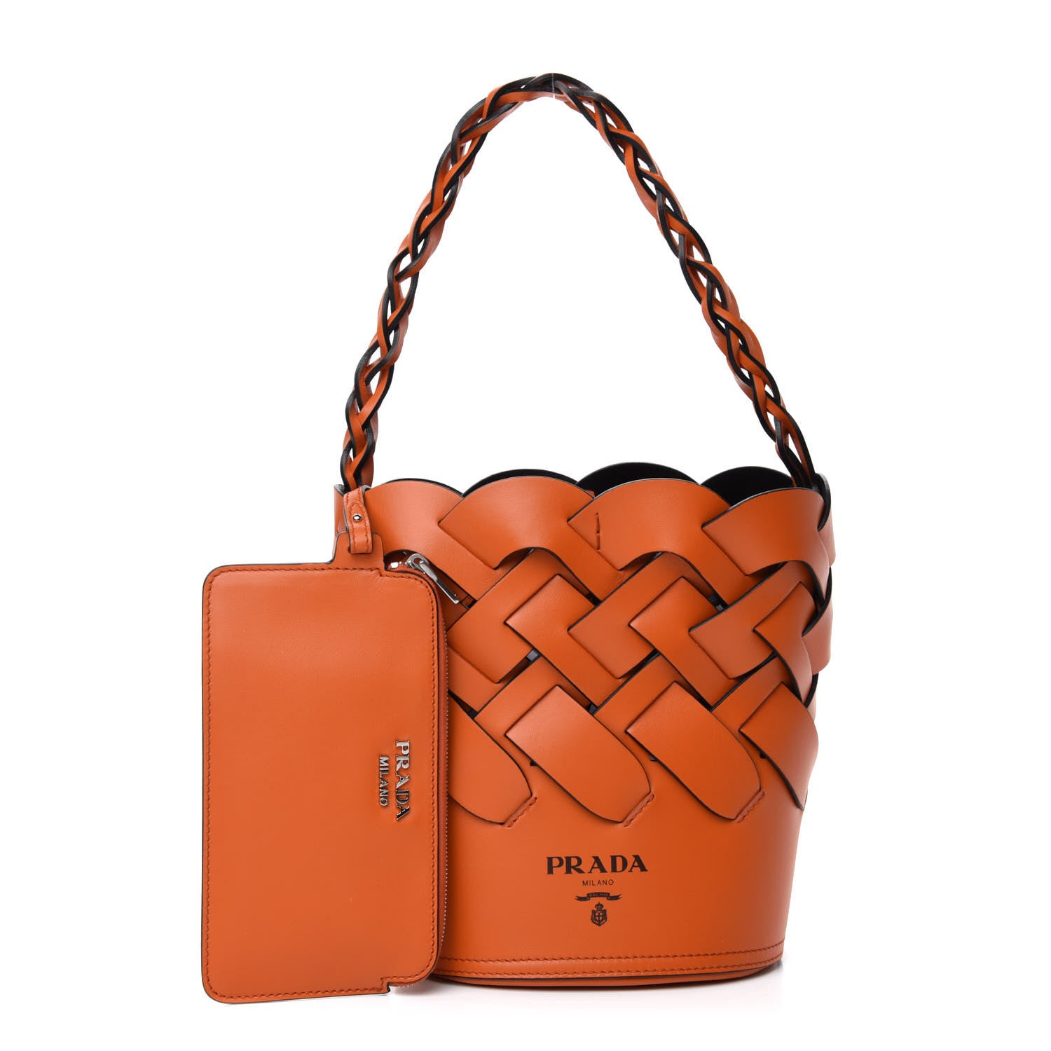 Prada Vitello Intreccio Tress Bucket Bag Papaya Black 1 of 10