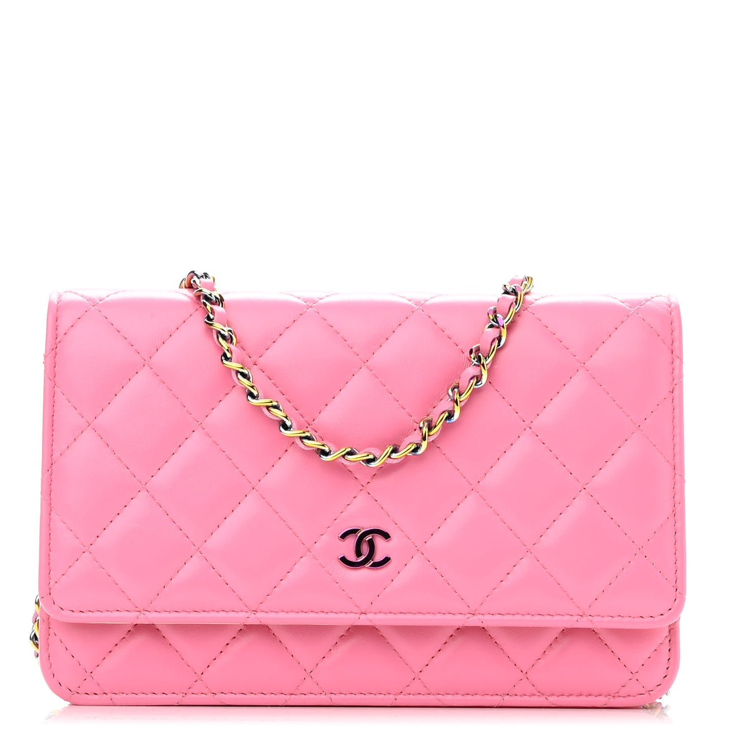 Lambskin Quilted Wallet On Chain WOC Pink Yellow
